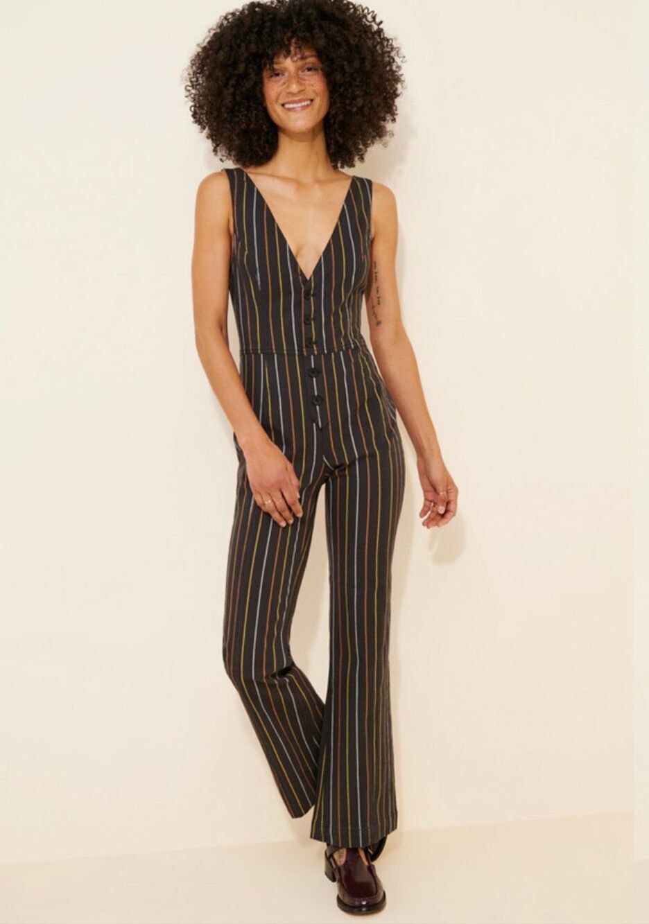 Free People Sz 12 Lena Striped Wide Leg Jumpsuit Black Button Front NWT
